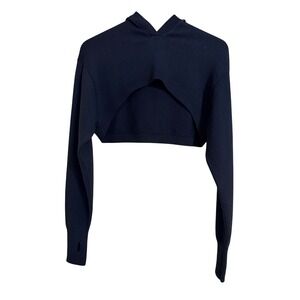 COS Cropped Hoodie Shrug Women XS/S Black 100% Wool Thumbhole Knit Sweater